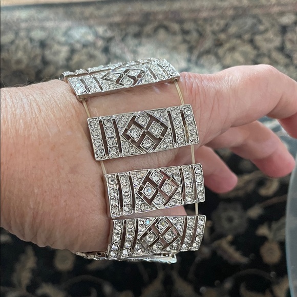 Silver Geometric Crystal Art Deco Cuff Stretch Bracelet - Picture 3 of 11